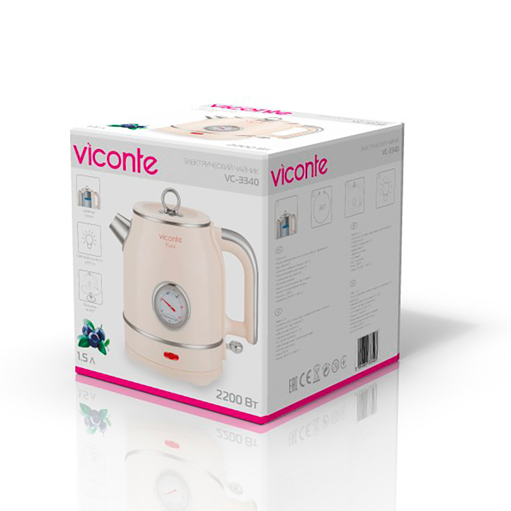 Чайник электрический "Viconte" 1,5л, 2200Вт, закрытый нагревательный элемент, корпус с двойными стенками из высококачественной нержавеющей стали и пластика, встроенный термометр, световой индикатор работы, автоматическое отключение при закипании, авт