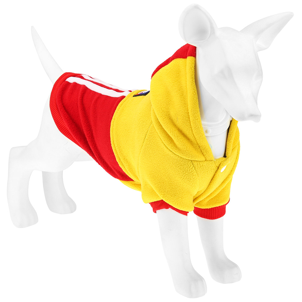 "Пэт тойс (Pet toys)" Одежда для собаки "Толстовка" "DOG" с капюшоном, с принтом, на кнопках р-р M, длина спинки 24см/обхват груди 36см/обхват шеи 28см, цвет-желто-красный, флис (Китай)