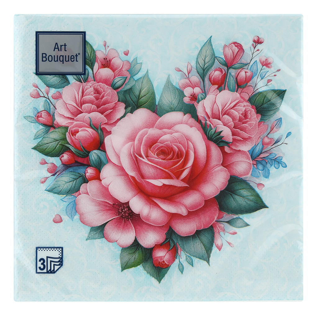 Салфетки бумажные "Art Bouquet" 33х33см, 3-х слойные, 20 штук в упаковке, 100% целлюлоза, "Сердце из роз" (Россия)