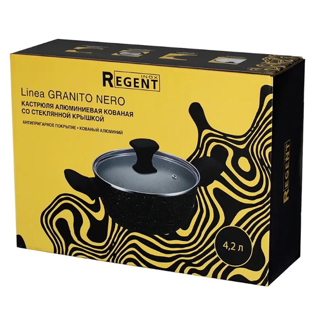 Кастрюля с антипригарным покрытием "Granito Nero" 4,2л, д24см, h10см, s2,7мм, дно s3,5мм, кованый алюминий, стеклянная крышка, пароотвод, бакелитовая ручка с покрытием "soft-touch", цветная коробка, "Regent" (Китай) Подходит для всех видов плит, вклю
