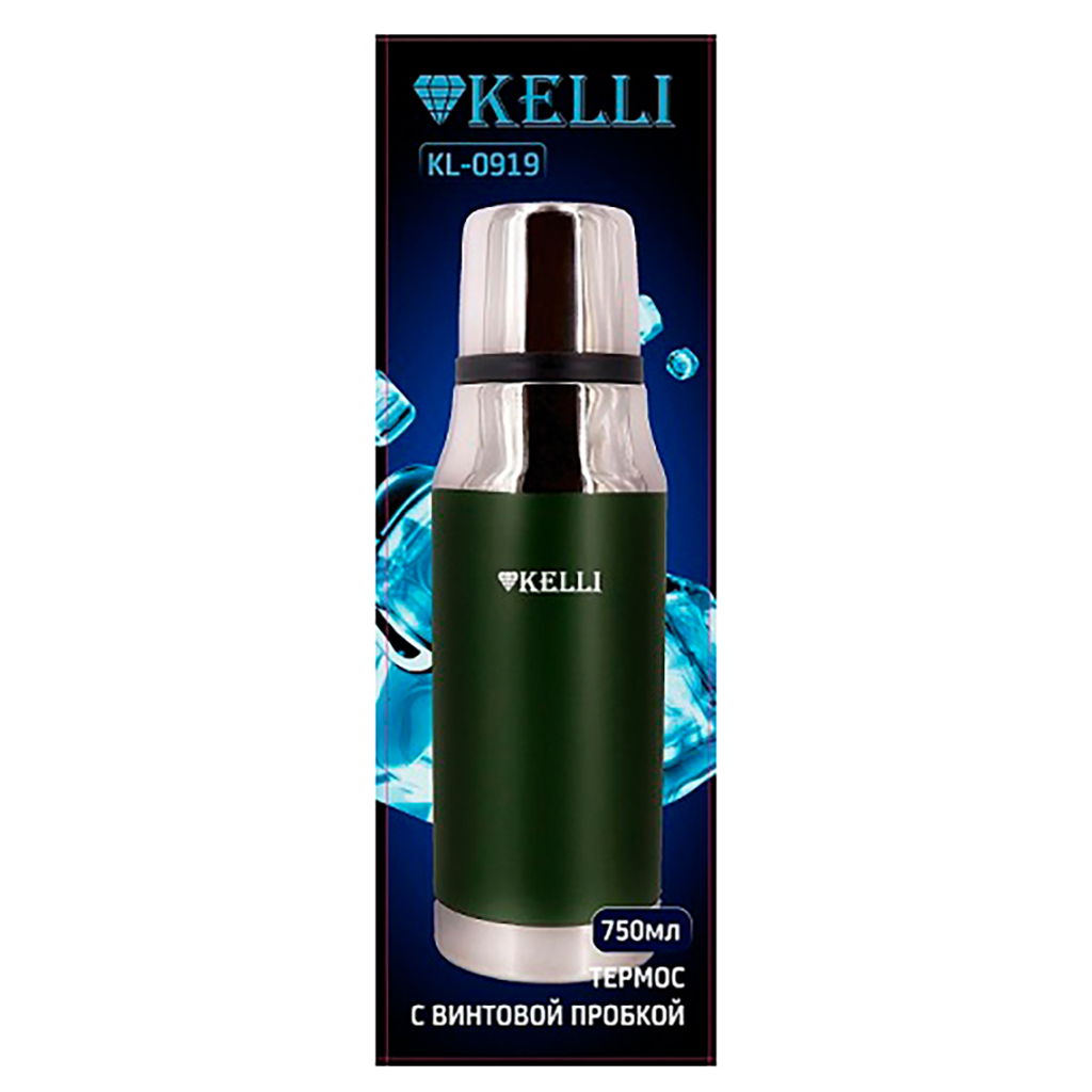 Термос из нержавеющей стали "Kelli" 0,75л, с винтовой пробкой, двойные стенки, вакуумная технология, зеленый (Китай)