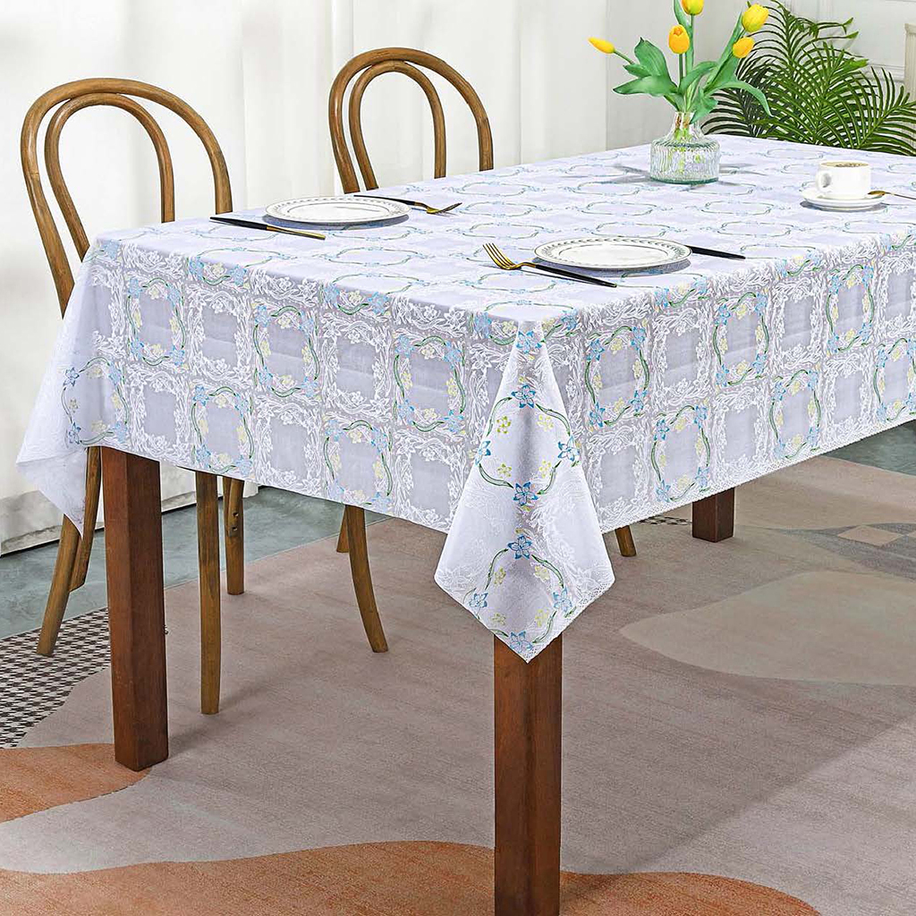 Скатерть ПВХ "Вальс цветов" 137х320см, длина стола до 280см, на 12 персон, "LACE" фактурная, на пленке, белый фон, цветной орнамент, упак. "классическая" п/э 32х41см т.м. "Домашняя Мода" (Китай)