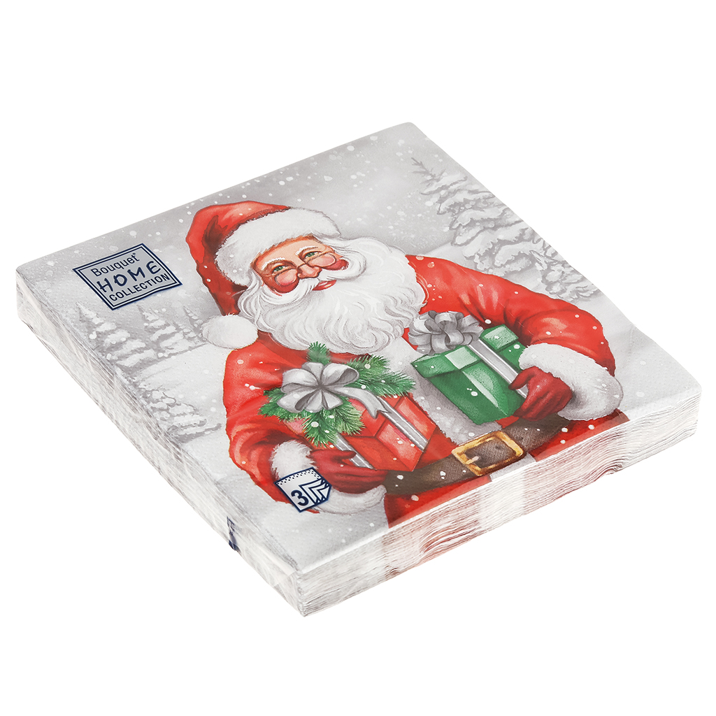 Салфетки бумажные "Bouquet Home Collection Classic" 33х33см, 3-х слойные, 20 штук в упаковке, 100% целлюлоза, "Дедушка Мороз с подарками" (Россия)