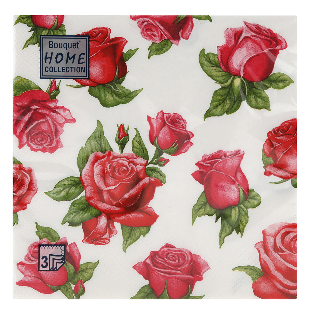 Салфетки бумажные "Bouquet Home Collection Classic" 33х33см, 3-х слойные, 20 штук в упаковке, 100% целлюлоза, "Красные розы" (Россия)
