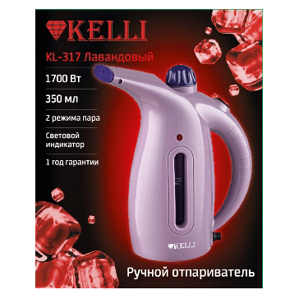 Отпариватель ручной "Kelli", пластмассовый корпус, емкость для воды 350мл, 2 режима пара, внутренний нагревательный элемент из нержавеющей стали, насадки для удаления пыли и грязи с одежды, мерный стакан, шкала-индикатор уровня воды, время непрерывно