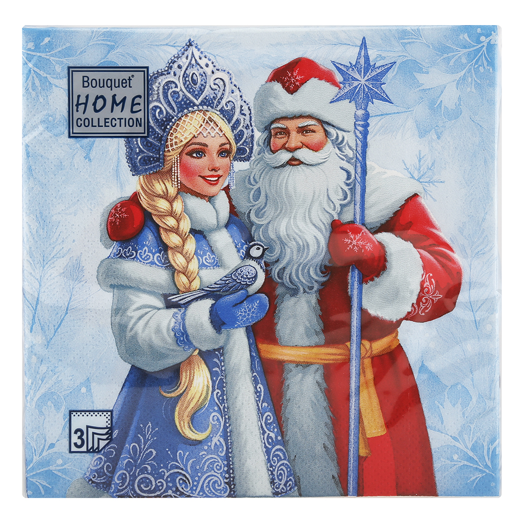 Салфетки бумажные "Bouquet Home Collection Classic" 33х33см, 3-х слойные, 20 штук в упаковке, 100% целлюлоза, "Дед Мороз и Снегурочка" (Россия)