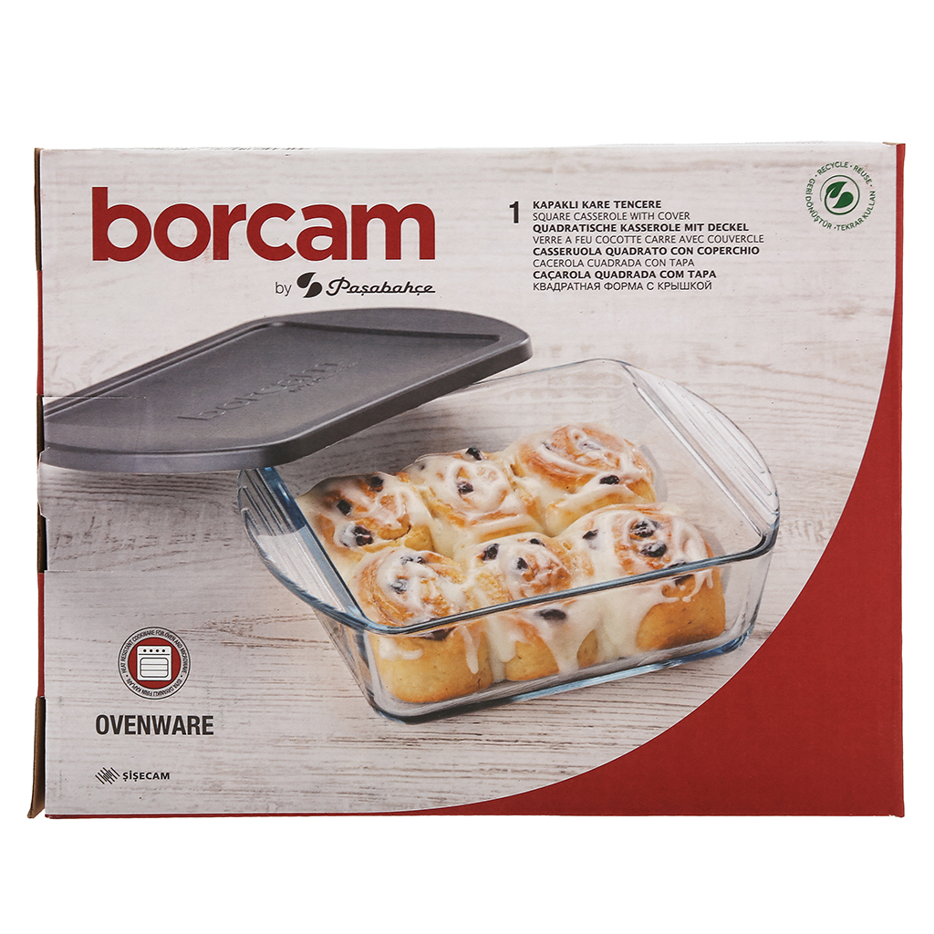 "Боркам (Borcam)" Форма стеклянная жаропрочная 1,08л, 21х16,4х6см, прямоугольная, серая пластмассовая крышкой, с ручками, цветная коробка, Pasabahce (Турция)