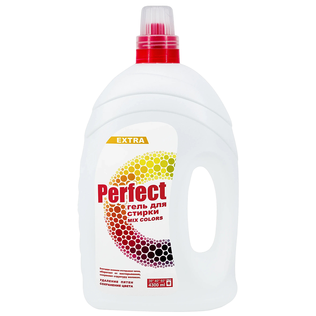 Гель для стирки белья "Perfect" 4,3л, 18х13х35см, бережная стирка, для цветных тканей, удаляет трудновыводимые пятна, придает свежесть и нейтрализует неприятные запахи, MIX COLOR (Казахстан)