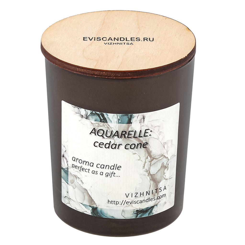 Свеча "Aquarelle" д7,5см, h9см, ароматизированная, парафин, в стеклянном стакане с деревянной крышкой, окрашенный, время горения 36 часов, "Cedar Cone" (Россия)