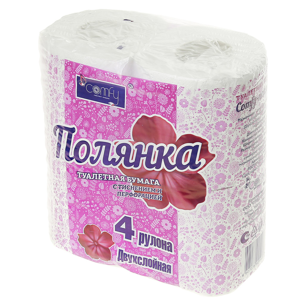 Туалетная бумага 2-х слойная "Полянка" 4 рулона по 15,6м, 150 листов, облагороженная макулатура, плотность 21-23г/м2, с тиснением и перфорацией, ГОСТ Р 52354-2005, Comfy (Россия)