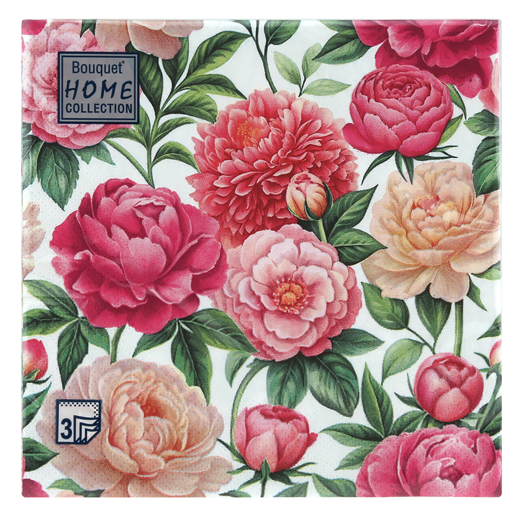 Салфетки бумажные "Bouquet Home Collection Classic" 33х33см, 3-х слойные, 20 штук в упаковке, 100% целлюлоза, "Любимые пионы" (Россия)