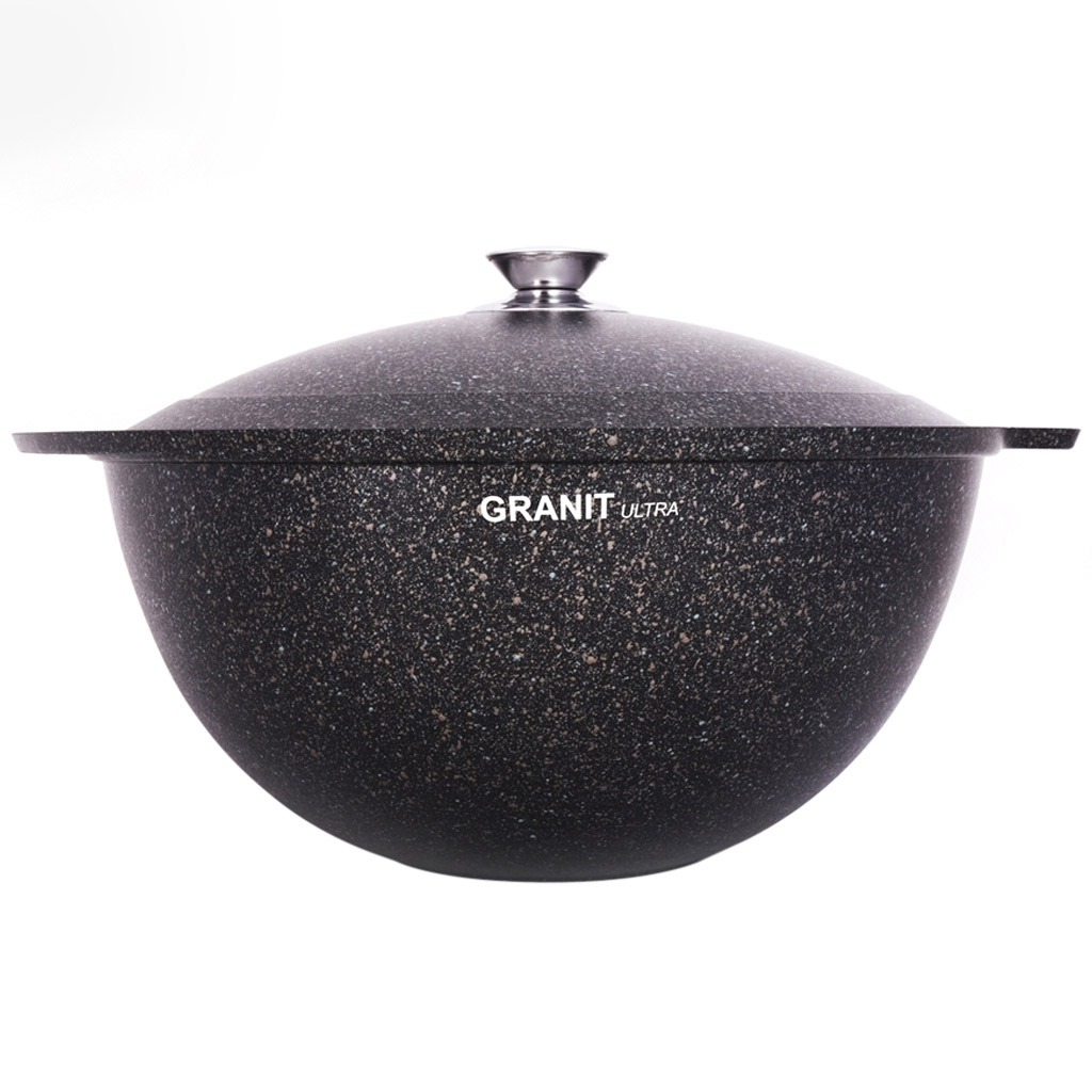 Казан для плова с антипригарным покрытием 7л, д33см "Granit Ultra", h16см, литой, металлическая жаропрочная крышка, гранитный, "Kukmara" (Россия) - можно использовать металлические кухонные принадлежности