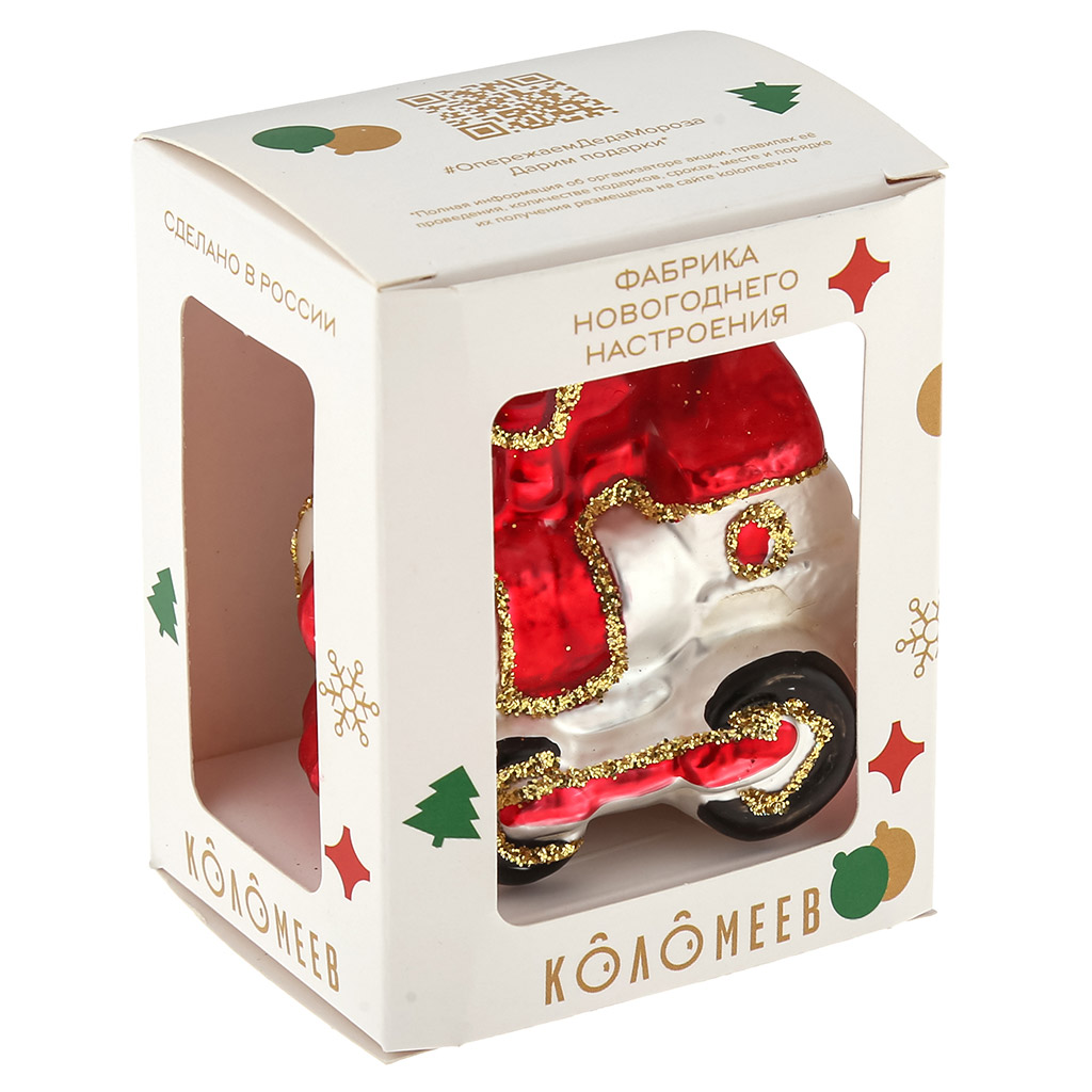 Елочная игрушка фигурка стеклянная "Паровозик" h8см, красный, ручная художественная роспись, подарочная упаковка (Россия)