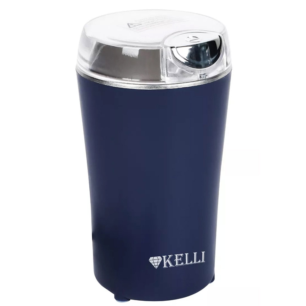 Кофемолка электрическая "Kelli", пластмассовый корпус, ножи из нержавеющей стали, рассчитана на 85г кофе за раз, отсек для хранения шнура, противоскользящие ножки, мощность 220-240 В 50-60 Гц 300 Вт, 10,5х10,5х18см, синий (Китай)