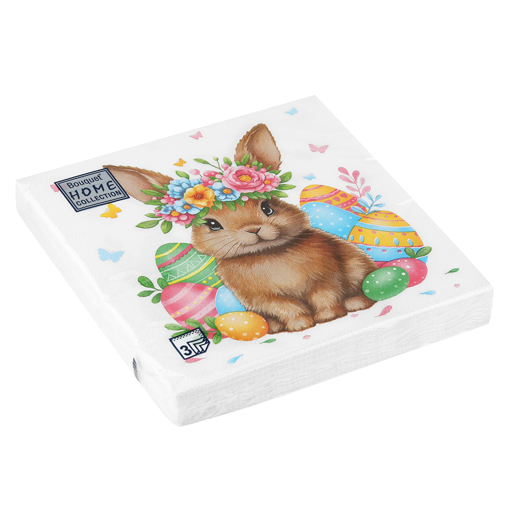 Салфетки бумажные "Bouquet Home Collection Classic" 33х33см, 3-х слойные, 20 штук в упаковке, 100% целлюлоза, "Кролик в цветочном венке" (Россия)