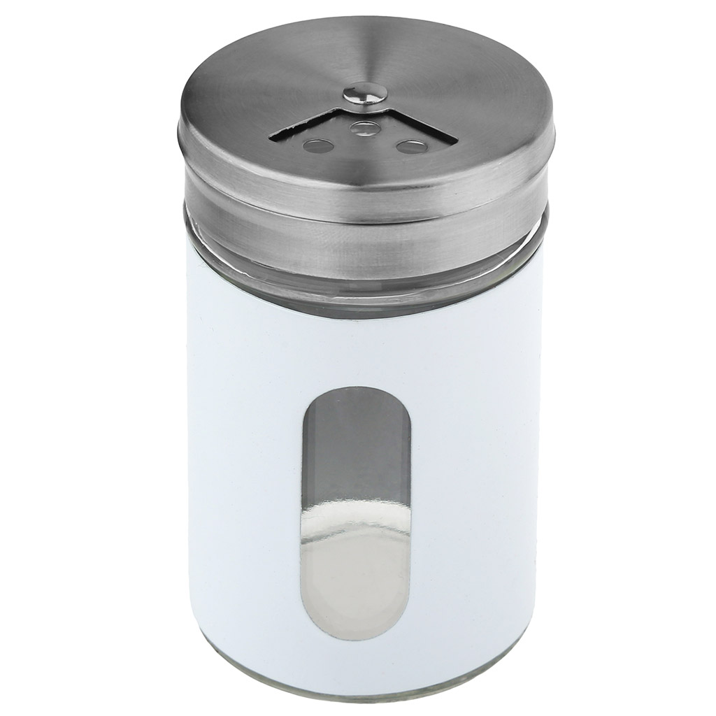 Банка для специй (перечница/солонка) стеклянная "В юбке" 100мл д4,8см h8,2см, диаметр горла - 3,2см, в цветной металлической оплетке, винтовая крышка нерж., цвета в ассортименте: белый, красный, черный, розовый, синий (Китай)