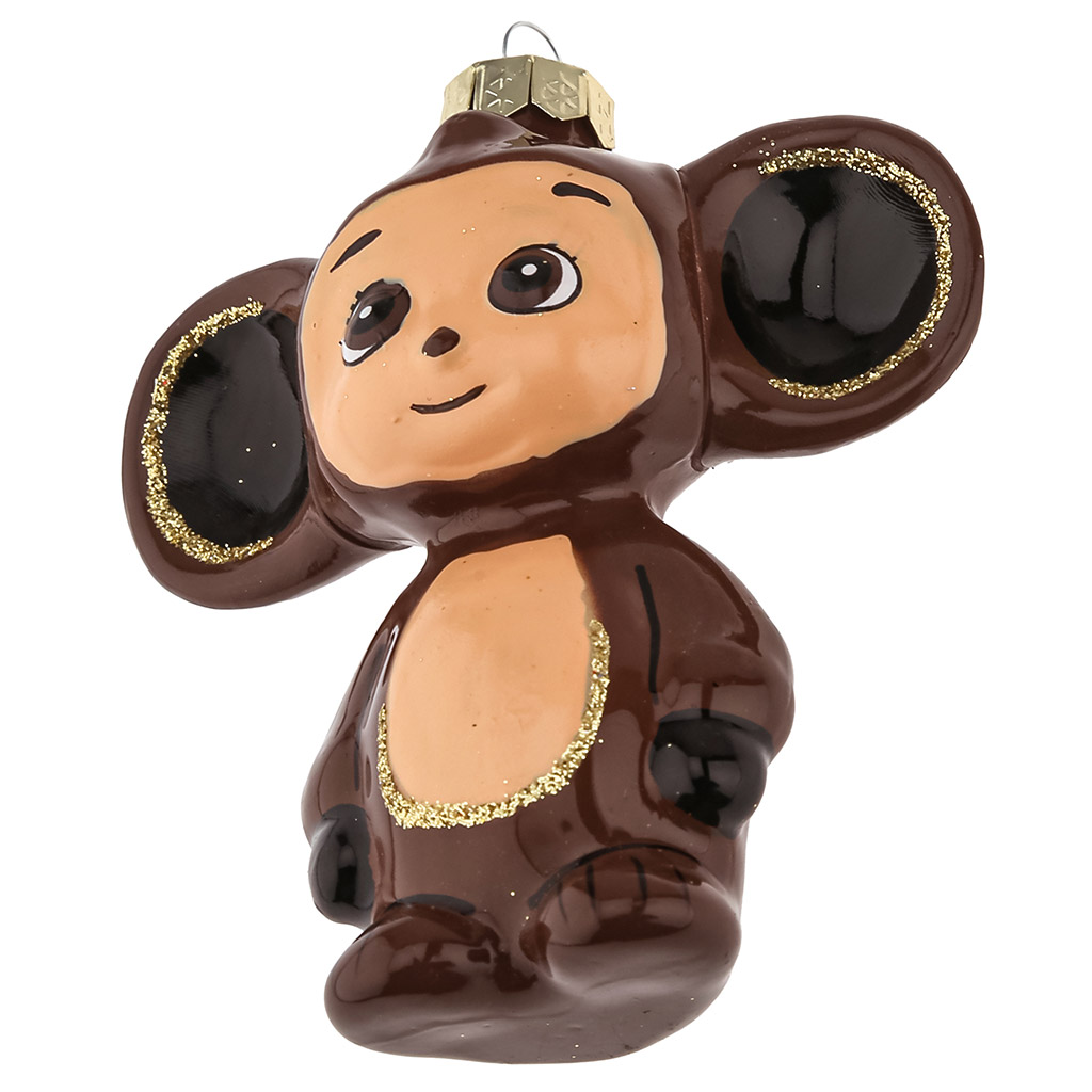 Елочная игрушка фигурка стеклянная "Чебурашка" h9см, ручная художественная роспись, подарочная упаковка (Россия)