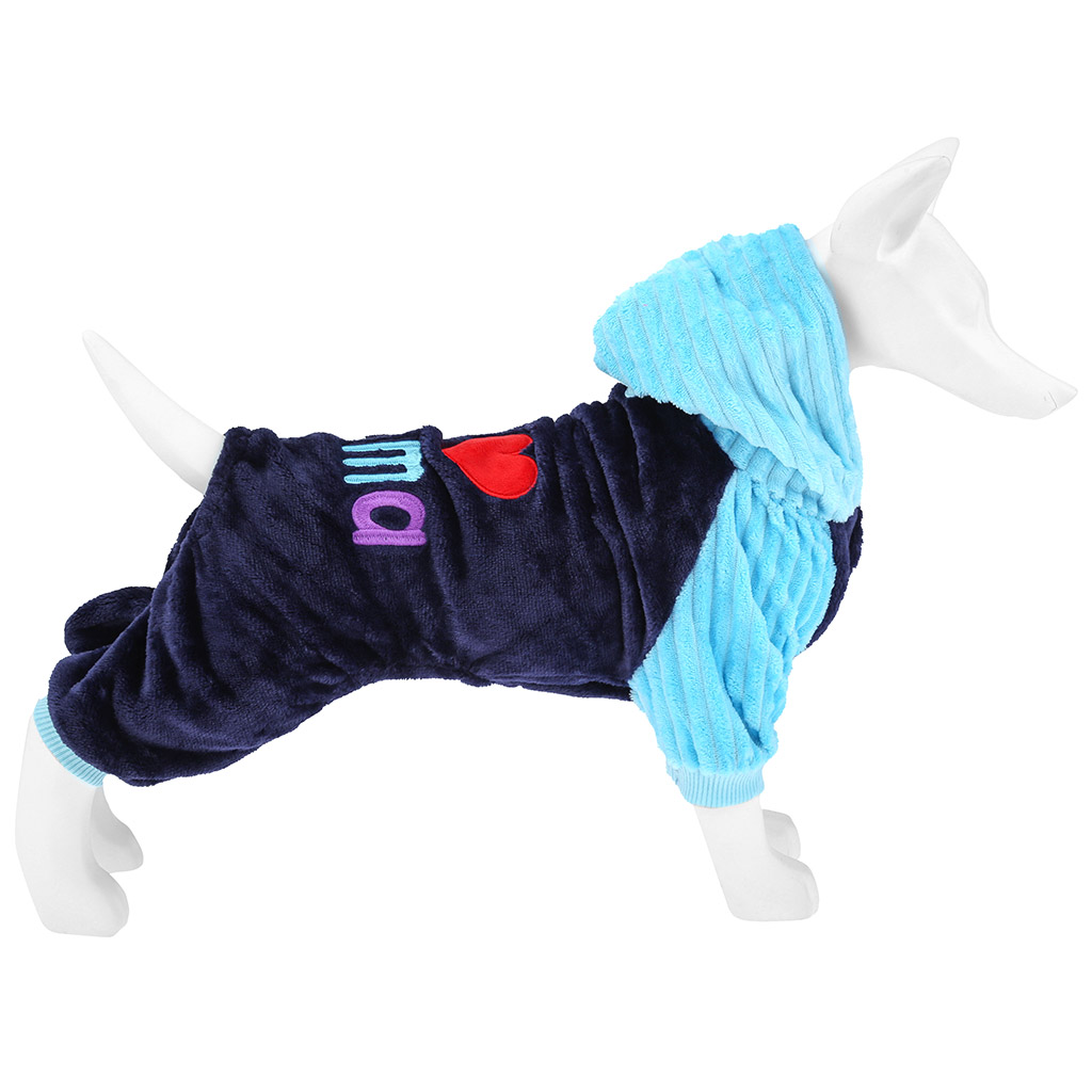 "Пэт тойс (Pet toys)" Одежда для собаки "Комбинезон" "I ♥ Mama/Papa" с капюшоном, с принтом, на кнопках, р-р 2XL 48-50см, длина спинки 38см/обхват груди 48см/обхват шеи 38см, цвет-синий с голубым, плюш (100% полиэстер) (Китай)