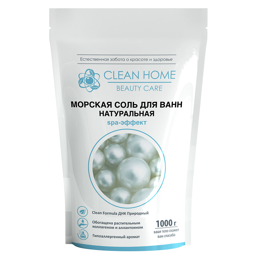 Соль для ванн 1кг, натуральная, морская, пакет 17,5х8х26см, "Clean Home Beauty Care" (Россия)
