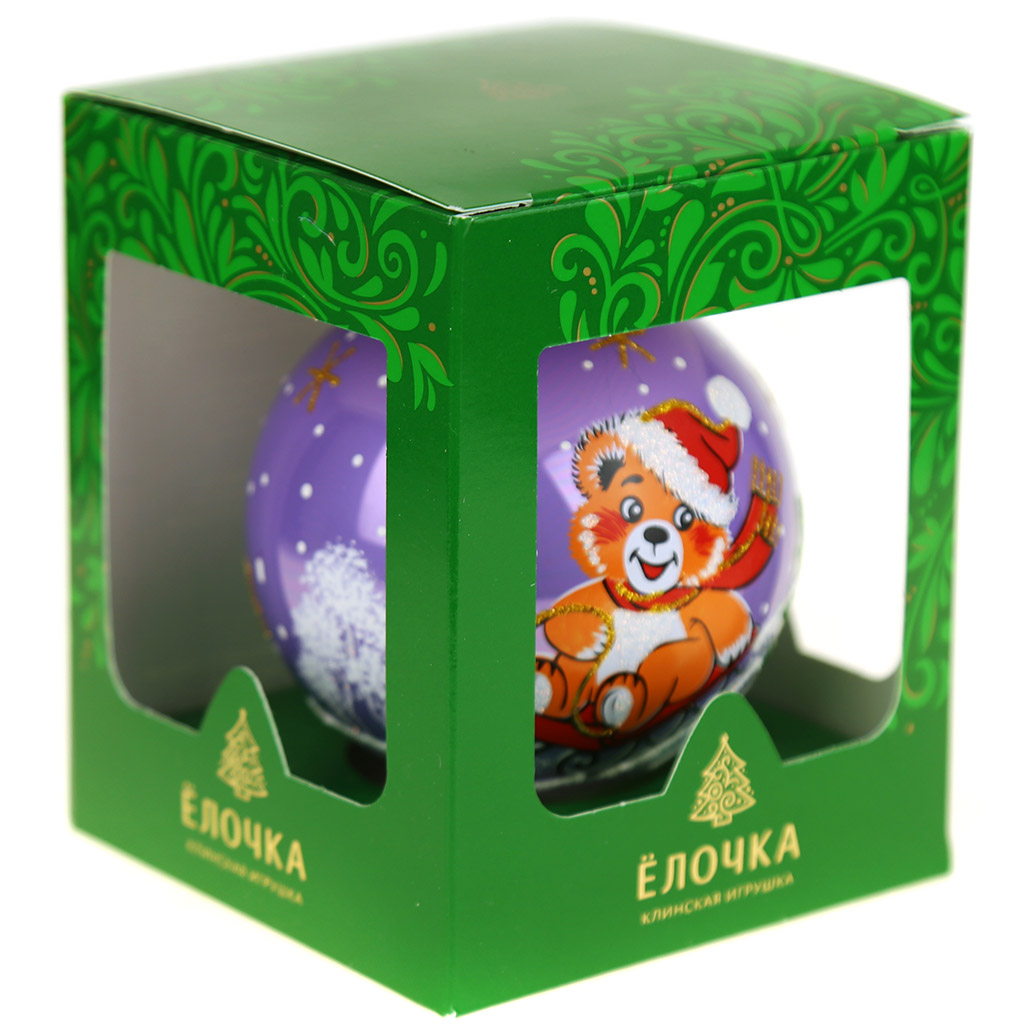 Елочная игрушка шар стеклянная "Мишка на санках" д8,5см, ручная художественная роспись, цвета микс, подарочная упаковка (Россия)