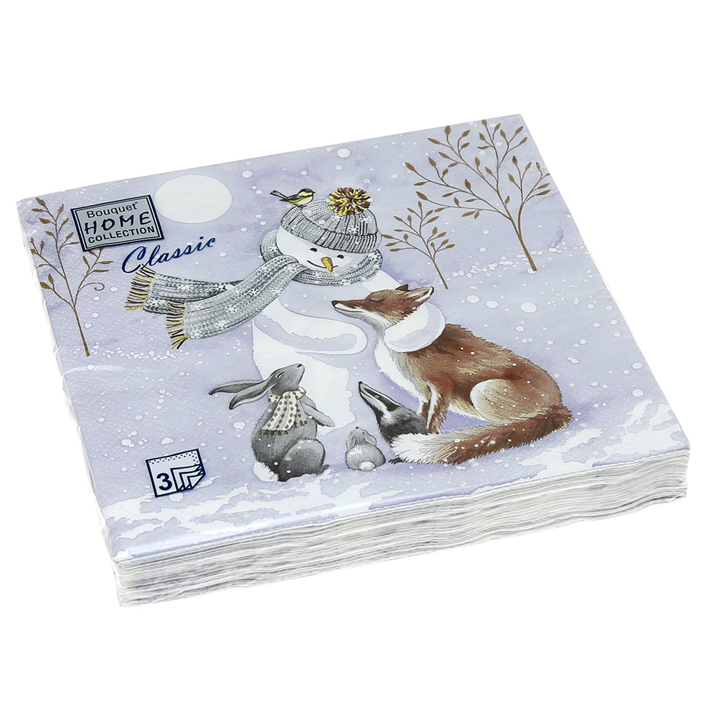 Салфетки бумажные "Bouquet Home Collection Classic" 33х33см, 3-х слойные, 20 штук в упаковке, 100% целлюлоза, "Снеговик и его друзья" (Россия)