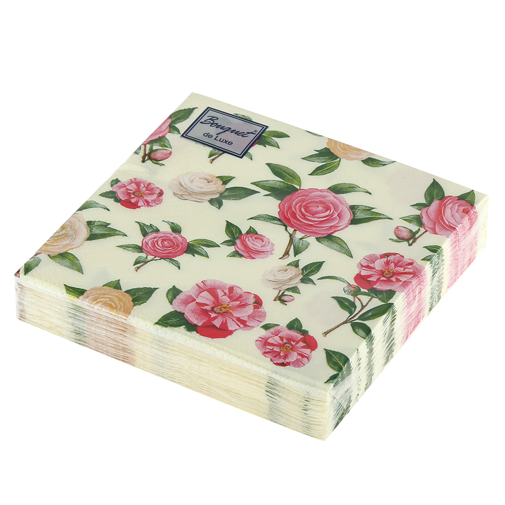 Салфетки бумажные "Bouquet de Luxe" 24х24см, 3-х слойные, 25 штук в упаковке, 100% целлюлоза, "Нежные розы" (Россия)