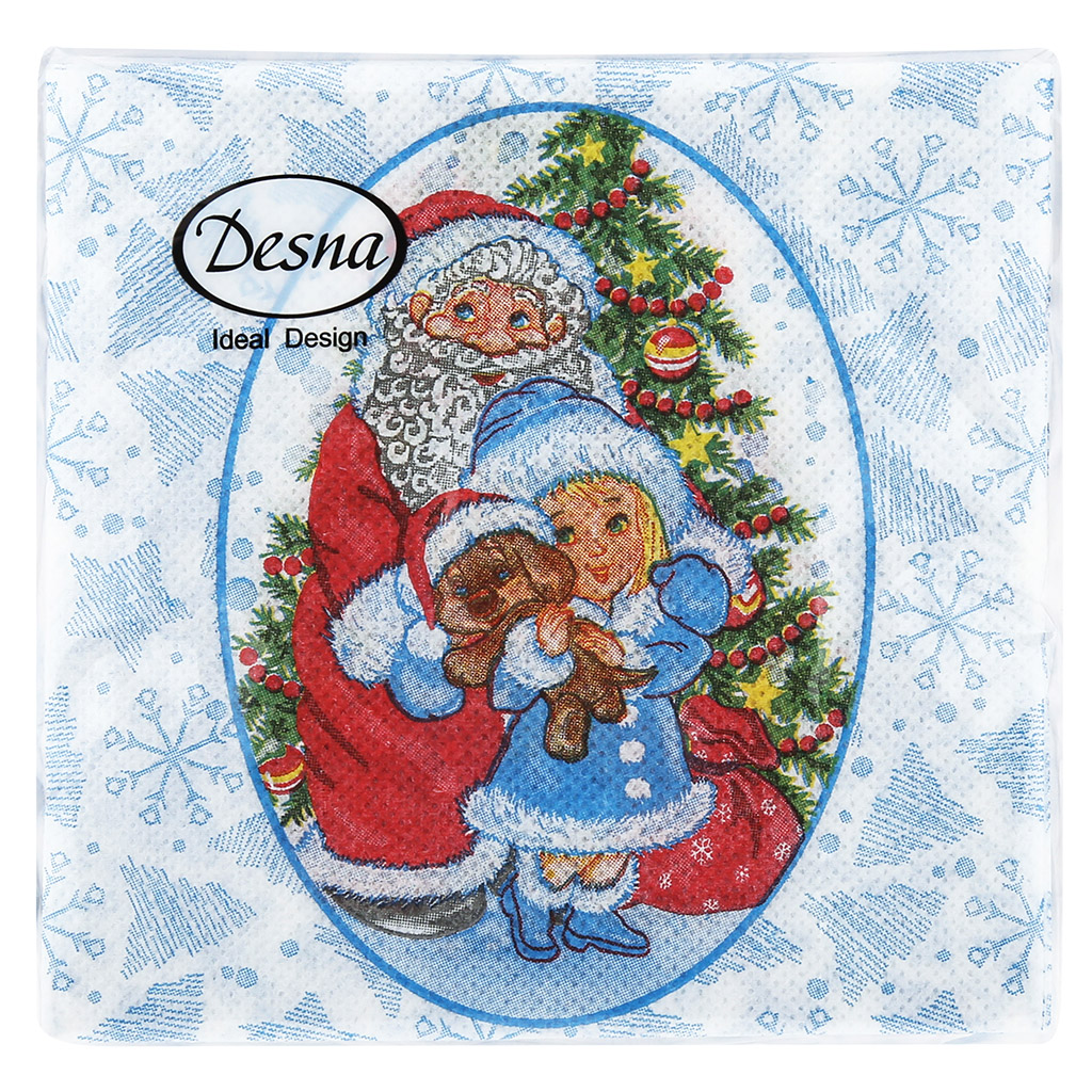 Салфетки бумажные "Desna Design" 24х24см, 1 слойные, 40 штук в упаковке, 100% целлюлоза, "Дед Мороз и Снегурочка" (Россия)