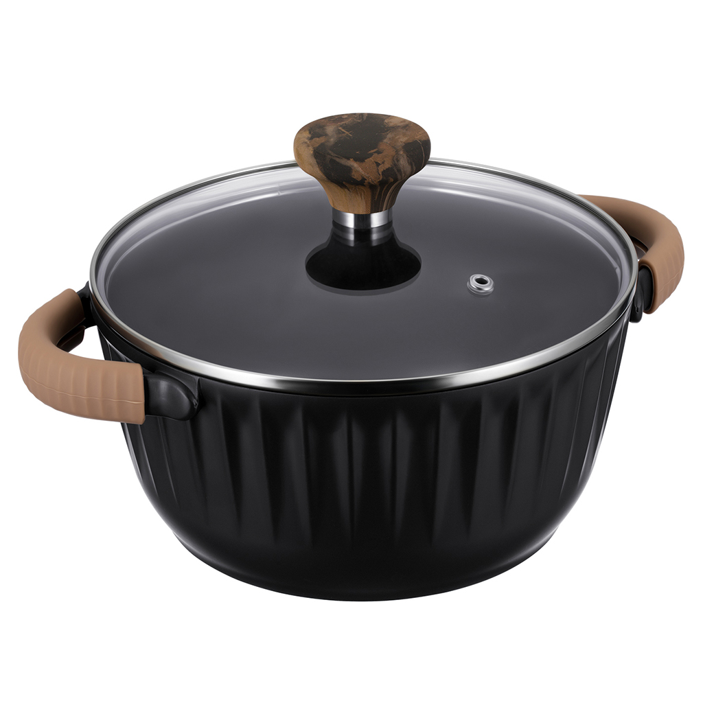 Кастрюля с антипригарным покрытием "Fiamma" 2,6л, д20см, h16см, s1,6мм, дно s4,5мм, литой алюминий, стеклянная крышка, пароотвод, бакелитовая ручка с покрытием "soft-touch", силиконовые съемные ручки-прихватки, капсульное дно, цветная коробка, "Regen