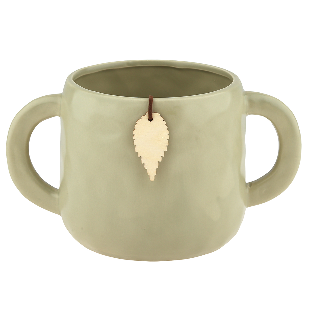 Кашпо для цветов керамическое "Хранитель" 1,4л, д14см, h12,5см, внутренний д11,8см, с ручками (общая длина 22,5см), глянец, зеленый, с биркой, в коробке (Китай)