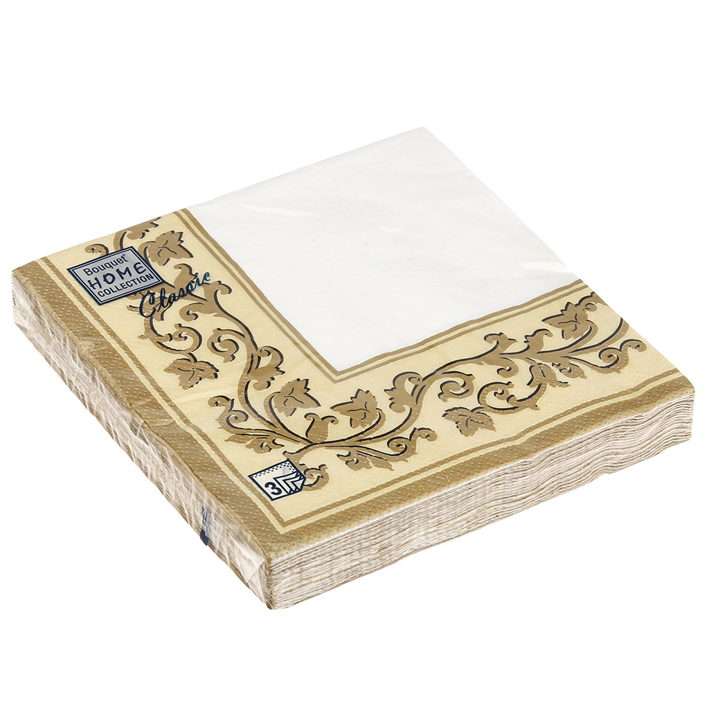 Салфетки бумажные "Bouquet Home Collection Classic" 33х33см, 3-х слойные, 20 штук в упаковке, 100% целлюлоза, "Золотые узоры бежевый фон" (Россия)