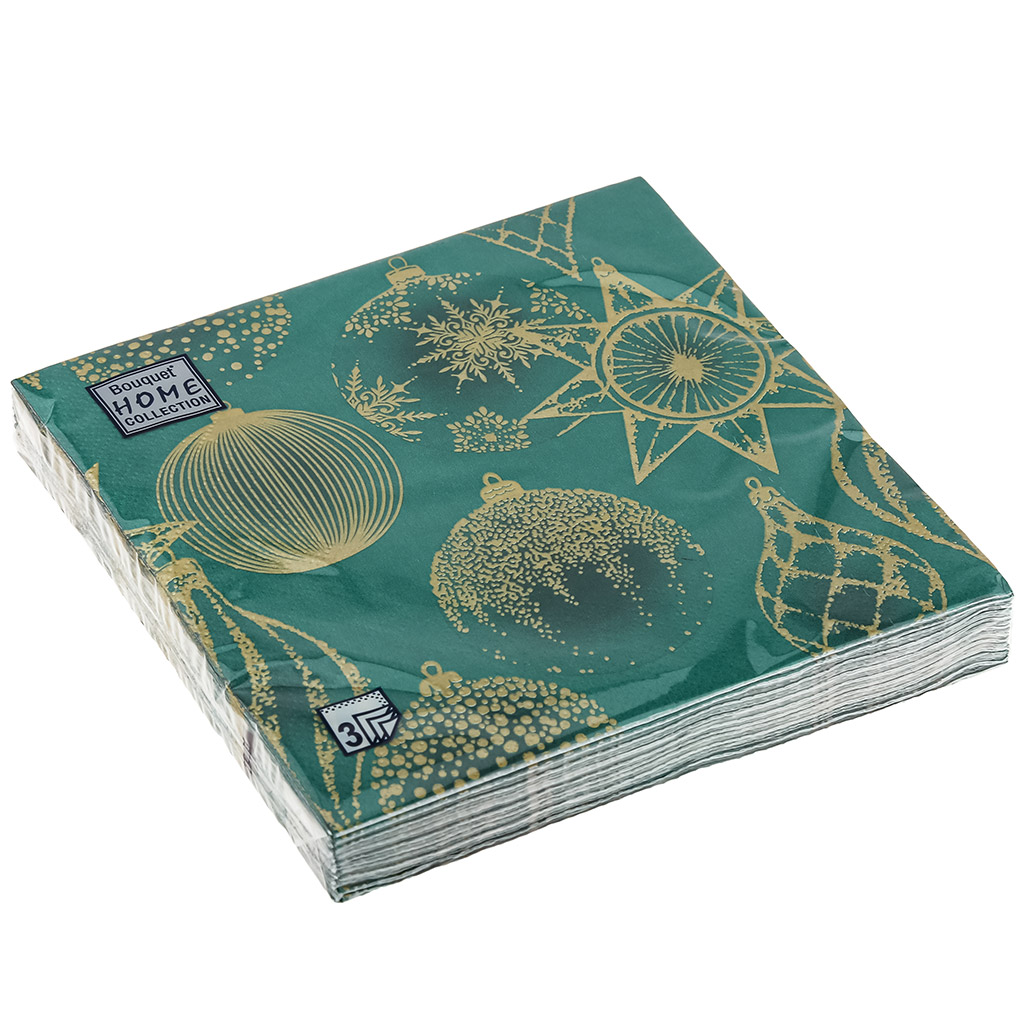 Салфетки бумажные "Bouquet Home Collection Classic" 33х33см, 3-х слойные, 20 штук в упаковке, 100% целлюлоза, "Золотые украшения на зеленом" (Россия)