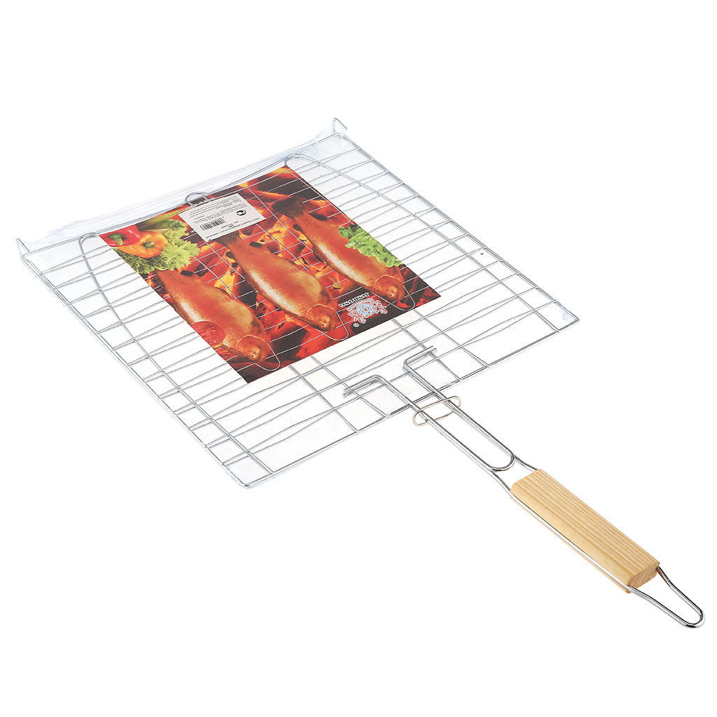 Решетка для гриля из нержавеющей стали 28х28х2см, общая длина 52см, ручка с деревянной вставкой, для рыбы (Китай)