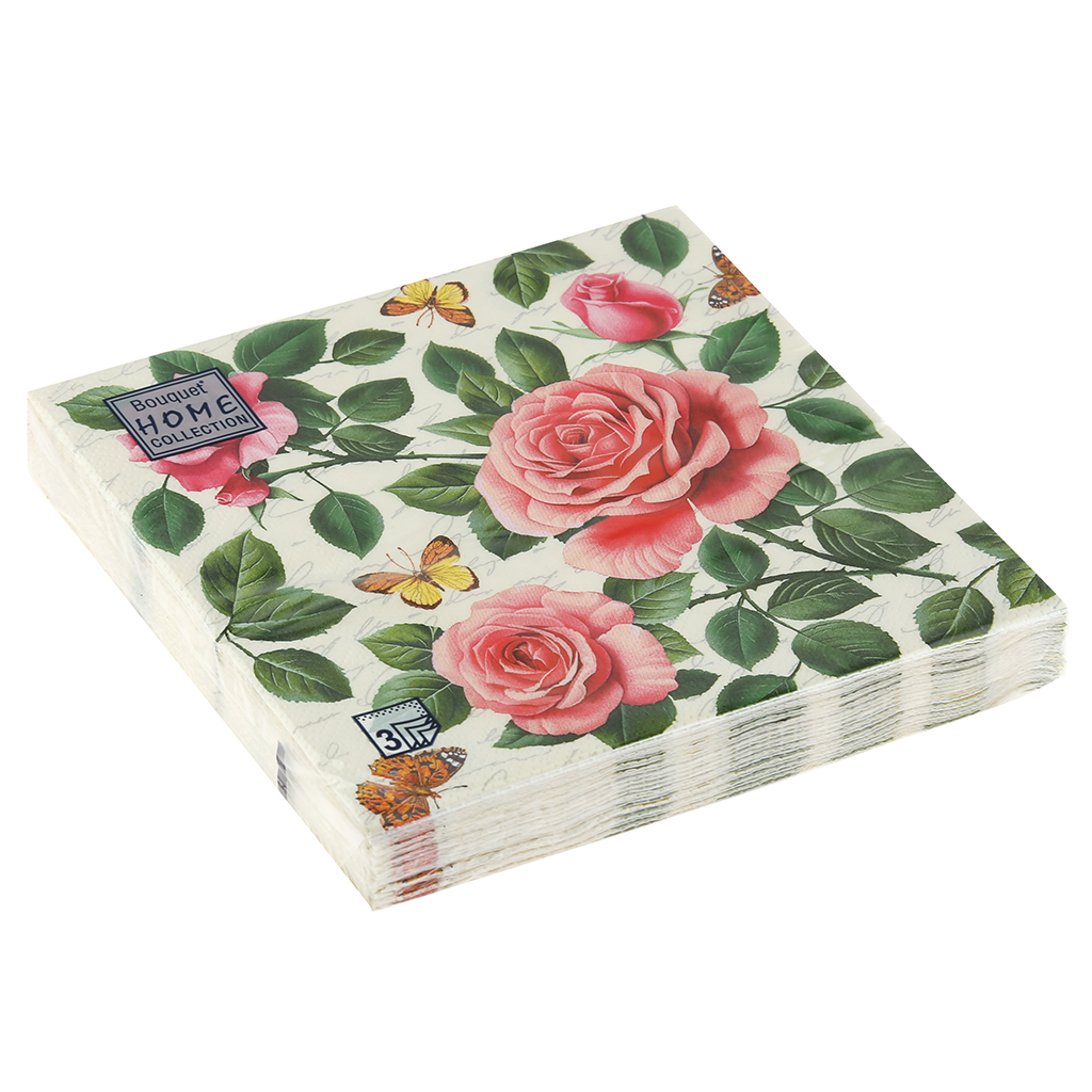 Салфетки бумажные "Bouquet Home Collection Classic" 33х33см, 3-х слойные, 20 штук в упаковке, 100% целлюлоза, "Райские розы" (Россия)
