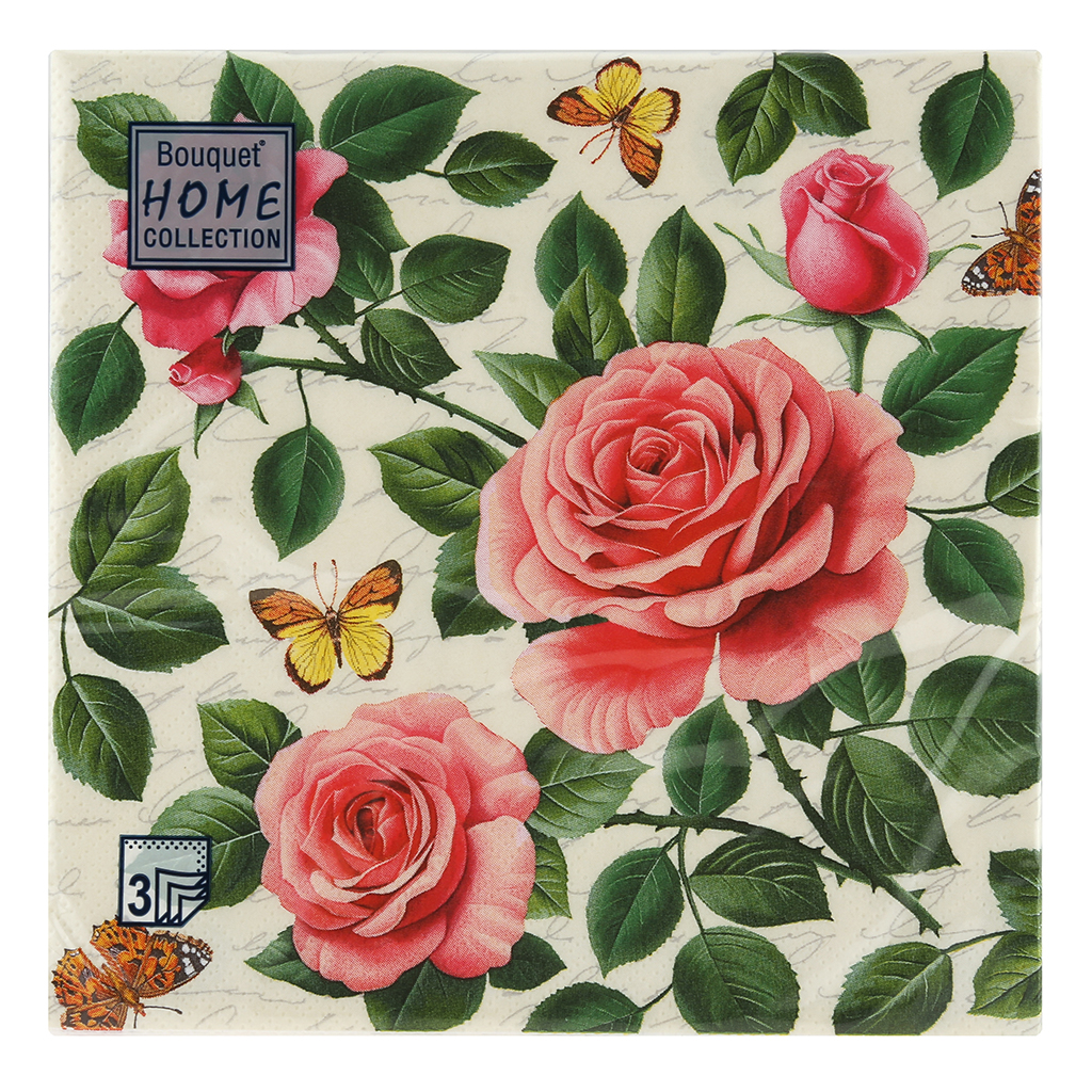 Салфетки бумажные "Bouquet Home Collection Classic" 33х33см, 3-х слойные, 20 штук в упаковке, 100% целлюлоза, "Райские розы" (Россия)
