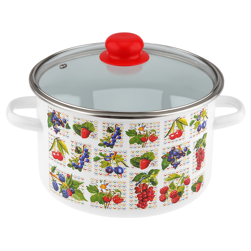 "Вкус лета" Кастрюля эмалированная 5,5л, д24см, h15см, цилиндрическая форма, металлическая крышка с пластмассовой ручкой-кнопкой, ободок из нержавеющей стали, белый (Россия)