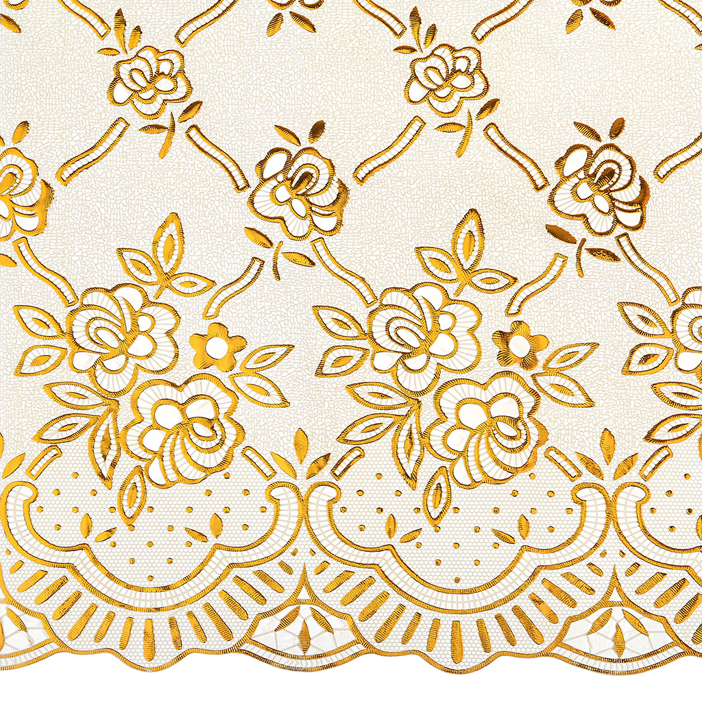 Скатерть ПВХ 220х137см "Нежность", ажурная, длина стола до 180см, на 8 персон, белый фон, с золотом, матовая, на пленке, "LACE", т.м. "Домашняя мода" (Китай)