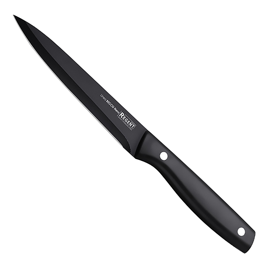 Нож кухонный "Becco Nero" 13см из нержавеющей стали, ширина 2см, длина 24,5см, универсальный, конструкция "фултанг", лезвие с покрытием PEARL, пластмассовая ручка, черный, ПВХ чехол-подвес, "Regent" (Китай)