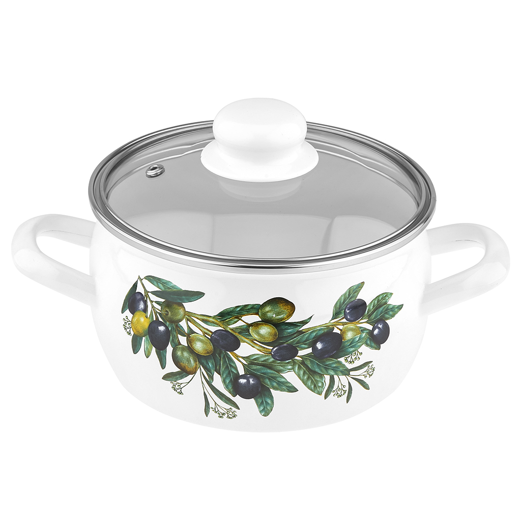 "Оливковая ветвь" Кастрюля эмалированная 2,0л, форма полусфера, стеклянная крышка, нержавеющий ободок (Россия)