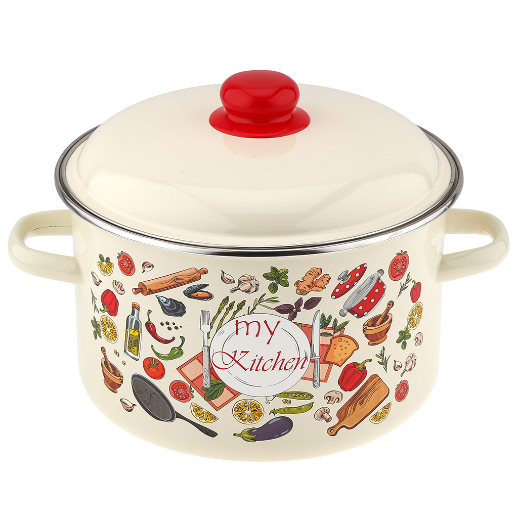"Моя кухня" Кастрюля эмалированная 5,5л, д24см, h15см, цилиндрическая форма, металлическая крышка с пластмассовой ручкой-кнопкой, ободок из нержавеющей стали, слоновая кость (Россия)