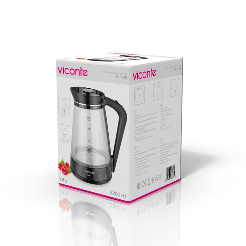 Чайник электрический "Viconte" 1,8л, 2200Вт, закрытый нагревательный элемент, корпус из высококачественного термостойкого стекла, LED подсветка, шкала уровня воды, автоматическое отключение при закипании, автоматическое отключение без воды (Китай)