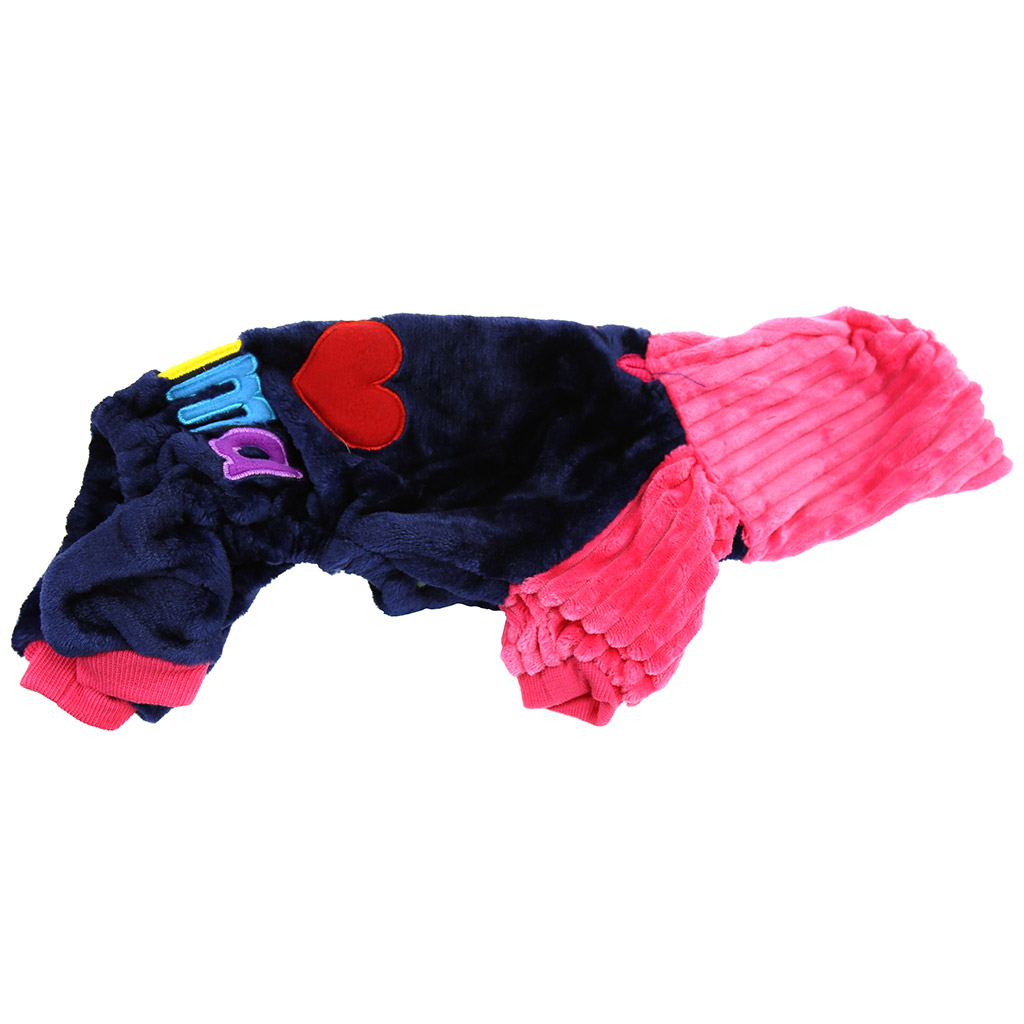 "Пэт тойс (Pet toys)" Одежда для собаки "Комбинезон" "I ♥ Mama/Papa" с капюшоном, с принтом, на кнопках, р-р XL 43-45см, длина спинки 34см/обхват груди 48см/обхват шеи 34см, цвет-синий с розовым, плюш (100% полиэстер) (Китай)