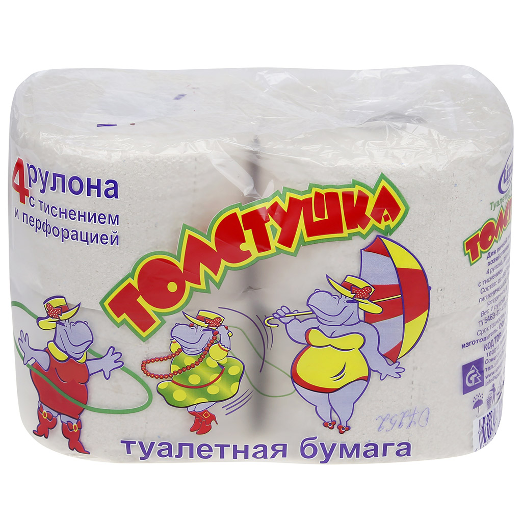 Туалетная бумага 2-слойная "Толстушка" 4 рулона, сырье - вторичное волокно, с перфорацией и тиснением, светло-серый, ГОСТ Р 52354-2005, LIZZi (Россия)
