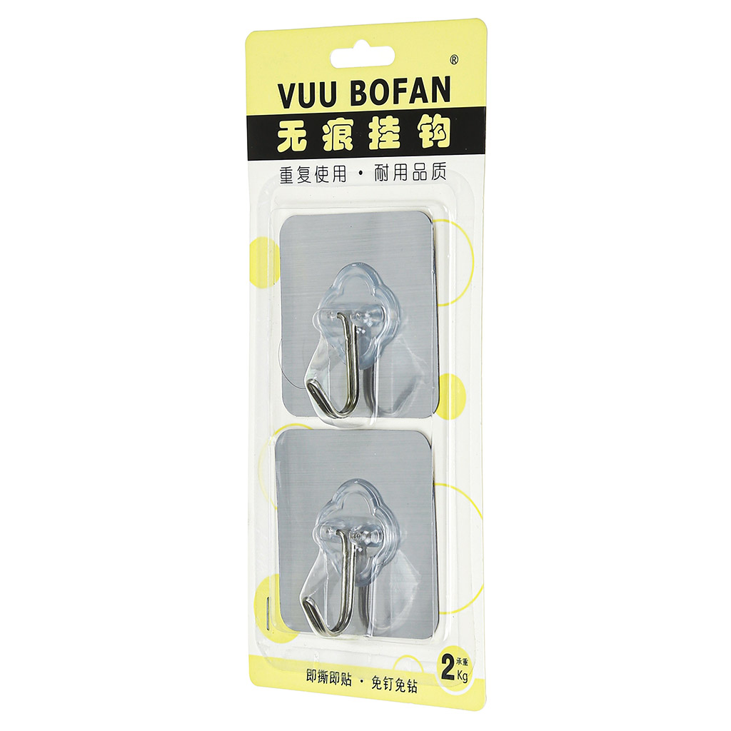 Крючок съемный многоразовый "Переставной" цветная основа ПВХ - серебро, металлический крючок, 2 штуки, 5,6х5,6х2,3см, в блистере (Китай)