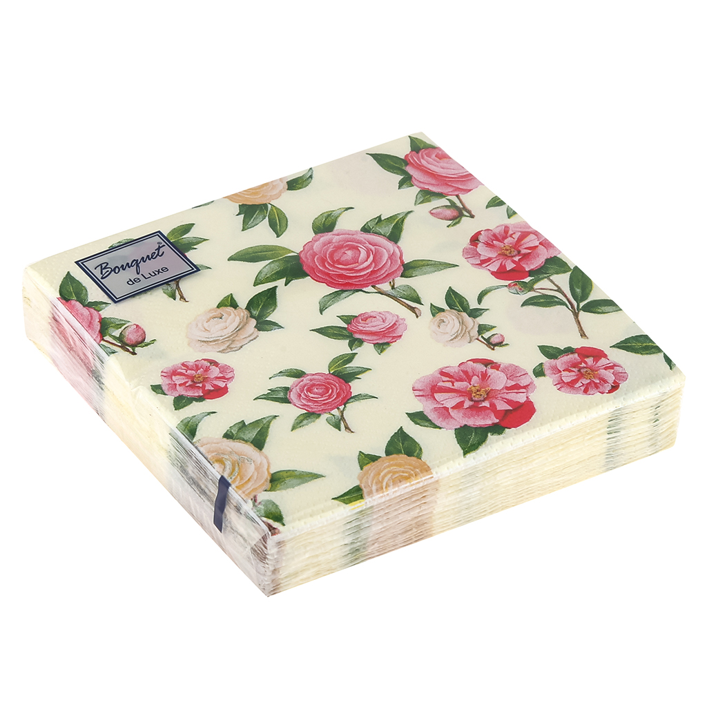 Салфетки бумажные "Bouquet de Luxe" 24х24см, 3-х слойные, 25 штук в упаковке, 100% целлюлоза, "Нежные розы" (Россия)