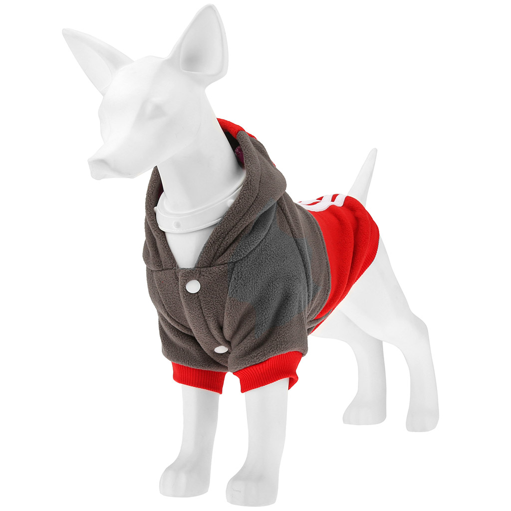 "Пэт тойс (Pet toys)" Одежда для собаки "Толстовка" "DOG" с капюшоном, с принтом, на кнопках р-р XL, длина спинки 34см/обхват груди 44см/обхват шеи 34см, цвет-серо-красный, флис (Китай)