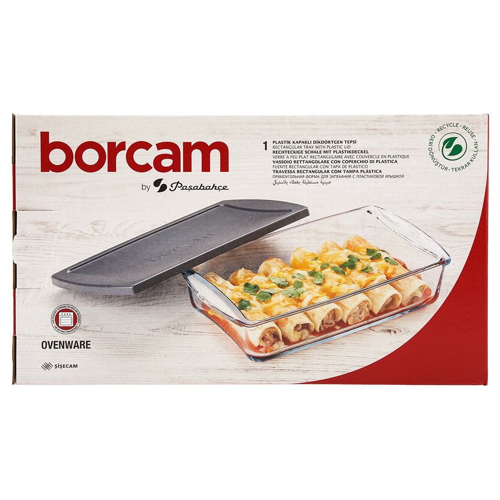 "Боркам (Borcam)" Форма стеклянная жаропрочная 1,32л, 26х15х6см, прямоугольная, серая пластмассовая крышкой, с ручками, цветная коробка, Pasabahce (Турция)