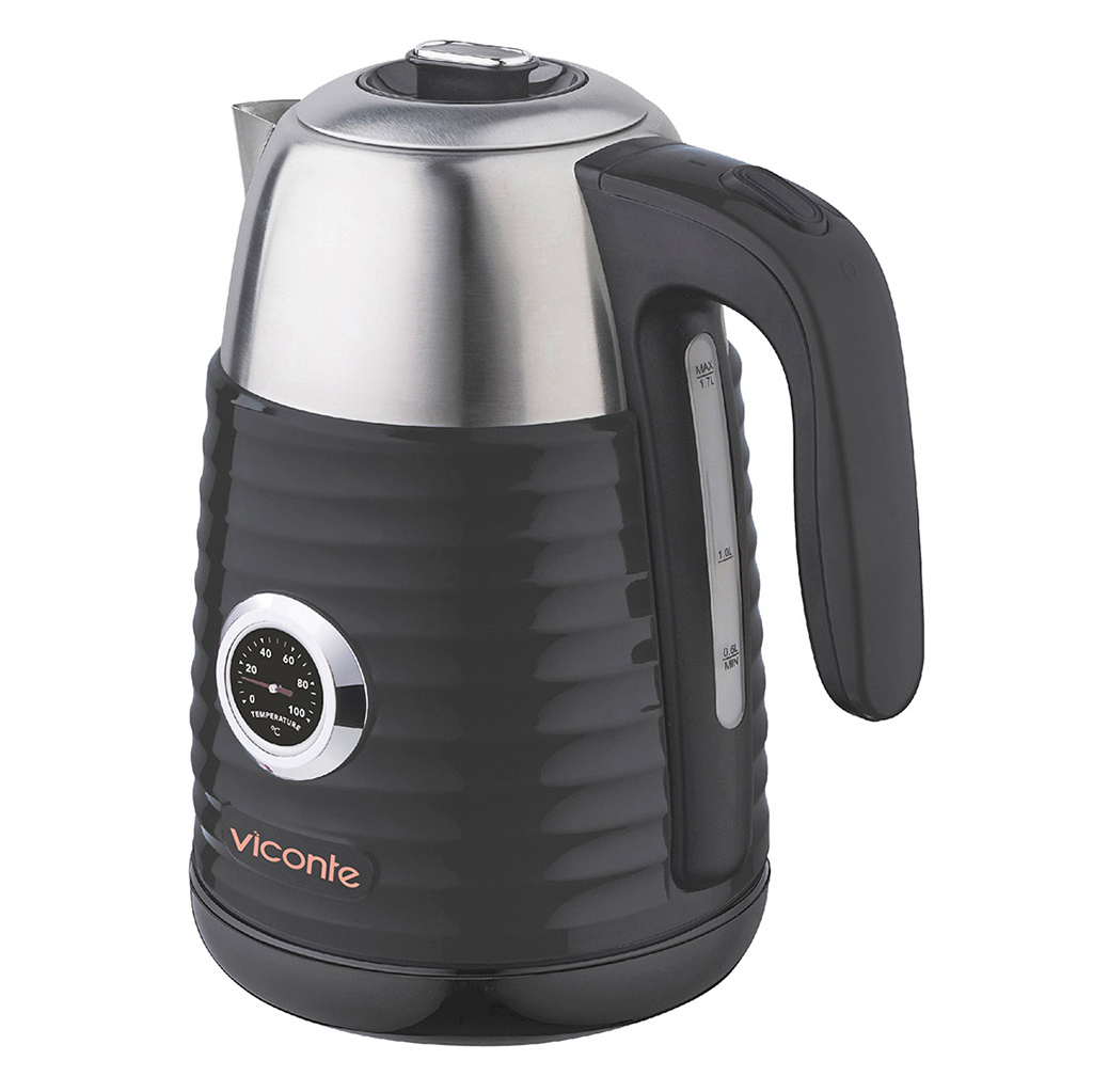 Чайник электрический "Viconte" 1,7л, 2200Вт, закрытый нагревательный элемент, корпус из высококачественной нержавеющей стали, встроенный термометр на корпусе, шкала уровня воды, автоматическое отключение при закипании, защита от перегрева (Китай)