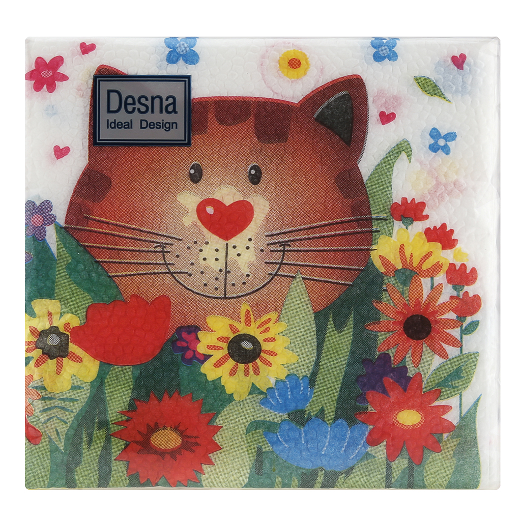 Салфетки бумажные "Desna Design" 24х24см, 1 слойные, 40 штук в упаковке, 100% целлюлоза, "Чеширский кот" (Россия)