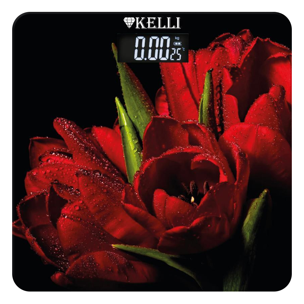 Напольные электронные весы "Kelli" 28,5х28,5х3см, стеклянная поверхность, максимальный вес: 180кг, цена деления: 100г, большой цифровой дисплей, автоматическое отключение, индикатор перегрузки, батарейки в комплекте (Китай)