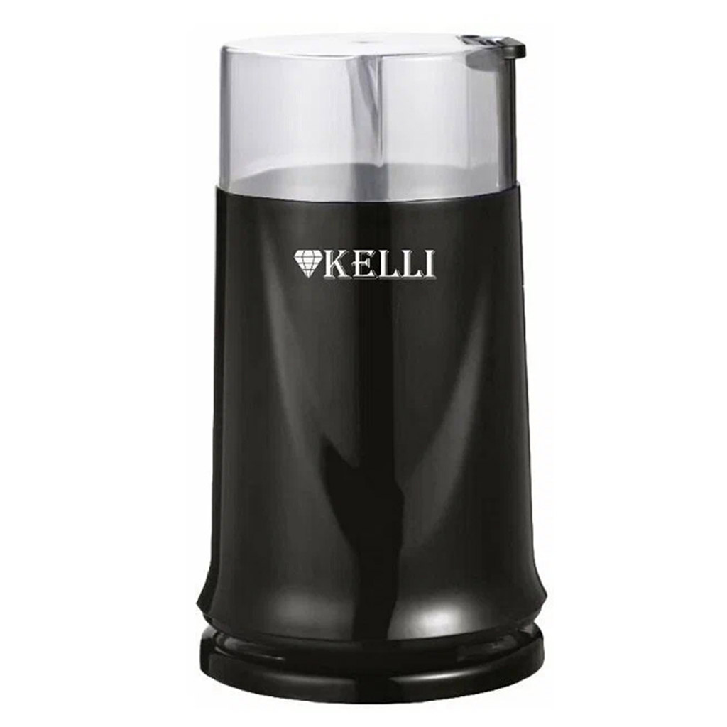 Кофемолка электрическая "Kelli", пластмассовый корпус, ножи из нержавеющей стали, рассчитана на 70г кофе за раз, отсек для хранения шнура, мощность 220-240 В 50-60 Гц 300 Вт, 11,8х10,5х19см, черный (Китай)